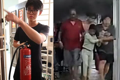 周易衡（左图）指事发时他取出灭火器，冲进邻居家试图灭火；在周易衡的帮助下，屋内的三人安全逃出（右图）。（庄耿闻摄、受访者提供）