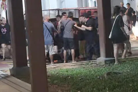 数人突然在庆典场外发生肢体冲突，大打出手。（视频截图）