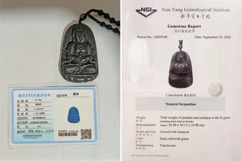 玉佛牌原鉴定书注明材质为“墨翠”（左图），但检测发现竟是蛇纹石。（受访者提供）