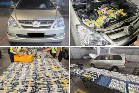 一辆入境新加坡的马来西亚注册汽车接受进一步检查，结果在汽车引擎盖下发现超过1600个电子烟及相关组件。（取自移民与关卡局脸书）