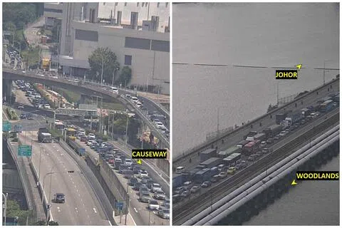 国庆长周末开启，新柔两个陆路关卡的交通异常拥堵。图为星期五（8月7日）下午4时56分的路况。（手机应用Checkpoint.sg路况截图）