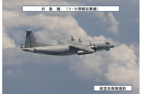 日本国防部统合幕僚监部在X平台通报，中国运-9军事侦察机连续五天在东海上空飞行。图为该军机星期一（9月7日）下午在该空域飞行。（日本国防部统合幕僚监部X平台）