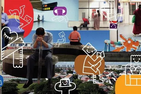 本地摄影师谢益明（Chia Aik Beng）在第六道地铁站展出的《片段重组：站与站之间》（Remixed Fragments: Between Stations），把地铁站、列车、乘客和新加坡城市景观的照片重新拼贴，再加入插画人物，呈现每天在公交网络中上演的生活片段。（陆交局与艺理会提供）