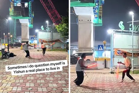 两名男子上个星期五晚上在义顺一处空地挥舞光剑，被路过的公众拍下放在网上走红。（受访者提供）