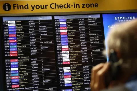 英国全国空中交通管理局航班处理系统星期二（9月8日）发生严重技术故障，四趟新加坡航空公司航班受影响。（法新社）