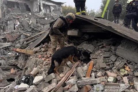 乌克兰国家警察提供的照片显示，搜救人员和搜救犬正在一栋坍塌的五层居民楼中，搜寻幸存者。（法新社）