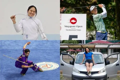 亚运会即将来临，击剑小将许渼荟（顺时钟）、高尔夫球员廖广益、游泳选手林香杞和武术选手林思韦展示他们极其珍惜的亚运宝物。（唐家鸿摄／档案照片／何家俊摄）