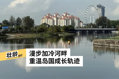 从横跨加冷河的亚瑟爵士桥远眺，滨海湾金沙和新加坡摩天观景轮尽收眼底。（陈映蓁摄）