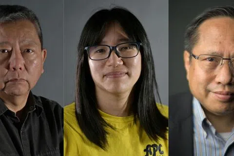 香港法院星期五（9月11日）对香港支联会煽动颠覆政权案判刑，前主席李卓人（左起）、两名前副主席邹幸彤和何俊仁被判监五年至七年不等。（法新社）