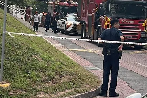 读者发来的照片显示，警方在周围拉起封锁线，大批警力聚集在组屋底层。新加坡民防部队也到场，并设置气垫。（读者提供）
