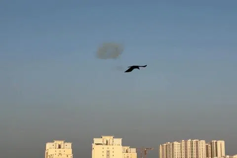 社交媒体流传的视频显示，伊朗星期三（9月2日）向巴林发射无人机和导弹，使得巴林北部上空浓烟弥漫，一只鸟恰好从空中飞过。（法新社）