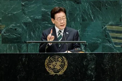 韩国总统李在明星期二（9月22日）在纽约联合国总部召开的联合国大会上发表演讲。（路透社）
