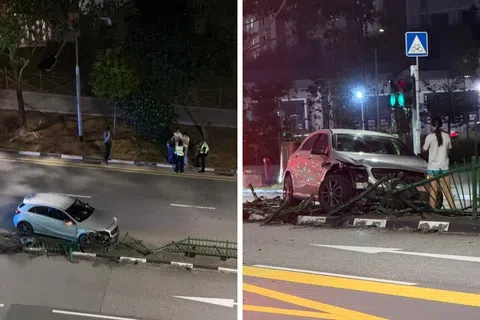据现场所见，肇事马赛地猛撞栏杆后，车头右侧毁坏不堪，右前轮应该也有受损。一排约10公尺长的栏杆也被马赛地撞得七零八落，扭曲变形。（读者提供）