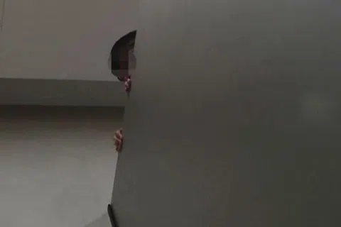 一名男子如厕时，隔板上方突然冒出一张戴眼镜的男童脸。（取自Stomp）