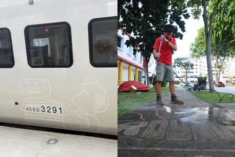 近日，一名台铁员工戴着手套，在积灰的台铁列车（左）车身绘制卡通人物，与曾以高压水枪作画、一度成为媒体关注焦点的方章杰（右）形成有趣对比。（取自脸书／陈渊庄摄）