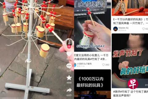 形似知了的竹制玩具“竹知了”相关视频，成为中国一些网民跟风暗讽华为的新迷因，也触发了大量的投诉下架。（抖音相关内容截图）