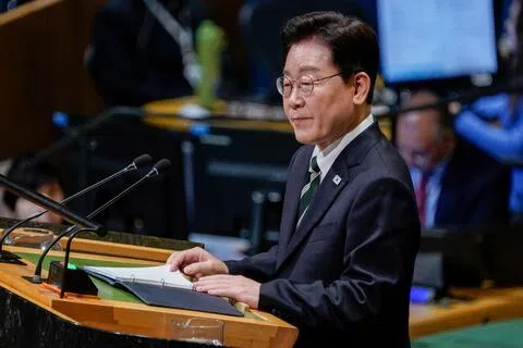 韩国总统李在明星期四（10月1日）强调，首尔会坚持采取缓解韩朝军事紧张的实质性措施。图为李在明9月22日在纽约联合国大会发表讲话。（彭博社）