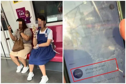 黄栎煖注意到女子（左一）的视频通话内容有异后，上前告知对方是诈骗电话，避免对方陷入骗局。（右图）黄栎煖查看对方手机后，发现拨电来的是一个头像设为新加坡警察部队警徽的谷歌电邮账号。（受访者提供）