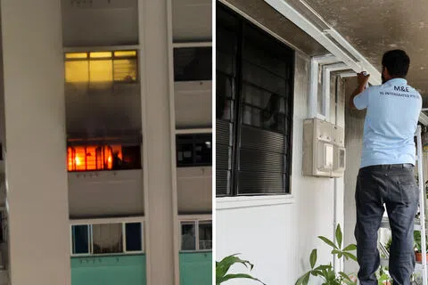 左图：金文泰一组屋单位深夜失火，一名独居的六旬男子受困，被救送院后不幸身亡。右图：工人星期六早上在失火单位外检查电线。（读者提供、邬福梁摄）