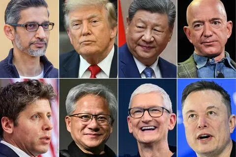 美国总统特朗普将在下周四（9月24日），于白宫设国宴款待中国国家主席习近平。多名科技与金融业高管将出席国宴，包括谷歌首席执行官皮查伊（上排左一）、亚马逊创办人兼首席执行官贝索斯（上排右一）、（下排左起）OpenAI首席执行官奥尔特曼、英伟达首席执行官黄仁勋、苹果执行主席库克，以及特斯拉创办人马斯克。（法新社）