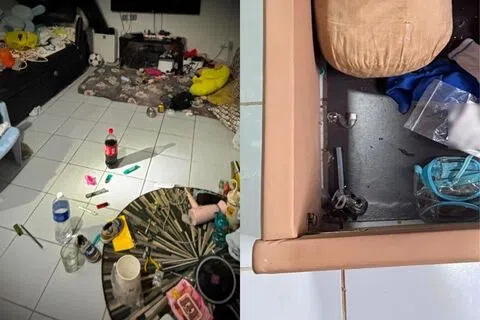 肃毒局在屋内的客厅和主人房搜出吸毒用具和少量毒品。（中央肃毒局提供）