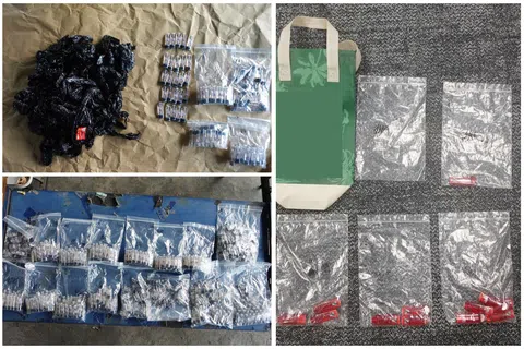 卫生科学局在两起独立案件分别起获600个（左上和左下）和12个（右）丧尸烟弹。（卫生科学局提供）
