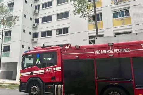 武吉班让秉定路惊传火警，一名年长妇女昏迷倒卧在客厅里，过后被送院抢救。（取自新加坡民防部队脸书）