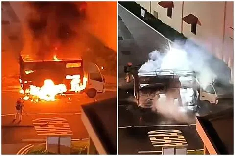 视频显示，涉事货车的货厢已被熊熊烈火吞噬，滚滚黑烟不断窜出。（取自“Quietjoy”TikTok）