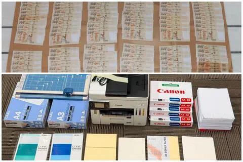 警方在酒店房间内发现疑似用于伪造钞票的工具，包括一瓶墨水、纸张和裁纸刀。（新加坡警察部队提供）