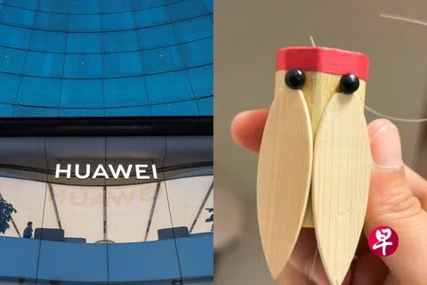 中国传统玩具“竹知了”（右）摇动发出的“哇哇”声，被指与科技巨头华为三年前一场发布会现场的观众惊叹声音效相似。左图是坐落北京王府井的一家华为商店外观，摄于今年7月8日。（路透社、网络组图）