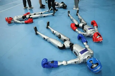8月23日，在北京举行的2026年世界人形机器人运动会自由搏击80公斤级四分之一决赛开始前，宇树科技的人形机器人躺在地上待命。（路透社）