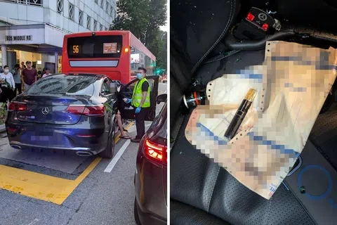 现场照片可见，马赛地汽车直接撞上巴士后方，引擎盖都凹陷。（取自Telegram群组SGROADBLOCKS/TRAFFICNEWS）