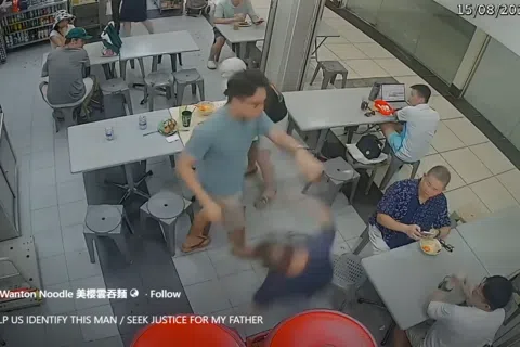 8月15日，一名女童的父亲（蓝绿衣者）在咖啡店里突然出手，将轻拍女童头部的老摊主拉扯倒地，惊动在场食客。 （视频截图）