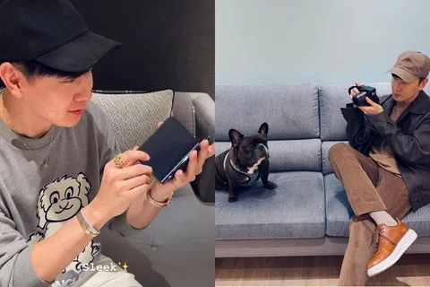 林俊杰22日在社媒晒出苹果首款折叠手机iPhone Duo的“开箱”视频（左图）。他近期也晒出F1与徕卡联名的限量版相机（右图）。（取自林俊杰IG）