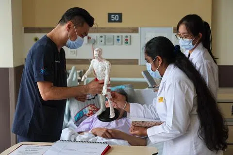 保健卫生部正探讨如何更好地衔接中医和西医，包括制定中西药相互作用指引，以及推动中西医电子病历互通。图为陈笃生医院综合医学针灸中心主任兼内科高级顾问医生柯德裕（左一）于去年10月，与南洋理工大学中医学士学位课程学生胡曦晗（右一）和爱可（Chandraratne Aiko，右二）针对中风康复病患的情况进行交流。陈笃生医院与南大去年宣布将通过“中西合愈计划”，让南大中医学士课程学生在大四那年，到陈笃生医院综合医疗护理中心进行西医实习。（档案照片）