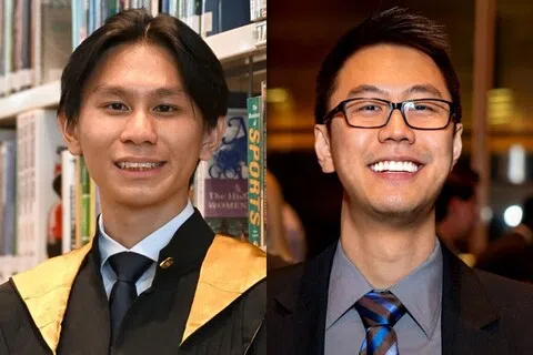 庄培利（左）2024年毕业自共和理工学院，今年获颁教育部教学奖；陈杰（右）当年高中毕业后未获得本地大学录取，却在今年5月取得哈佛大学博士学位。（人名译音）（海峡时报、取自陈杰领英）
