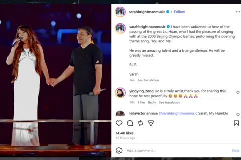 英国歌唱家莎拉·布莱曼星期天（9月27日）在社交平台Instagram上发文，悼念中国知名音乐人刘欢。布莱曼也贴出两人在2008年北京奥运会开幕式上合唱《我和你》的舞台照片。（莎拉·布莱曼Instagram截图）