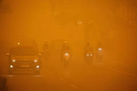 印尼中加里曼丹省野火狂烧不止，帕朗卡拉亚市10月14日浓烟笼罩，车辆在灰黄烟霾中行驶。（路透社）