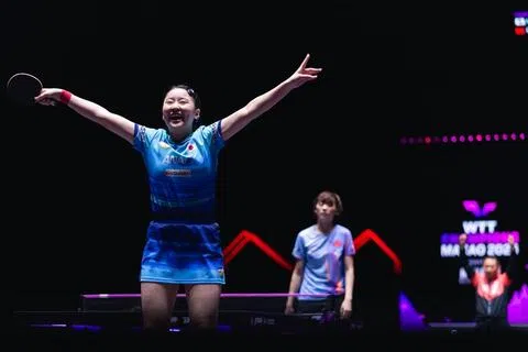 张本美和（前）在澳门冠军赛摘冠，为来临亚运会增添信心。（WTT澳门冠军赛组委会提供）