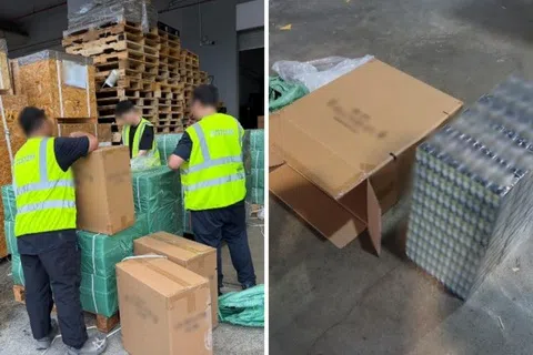 新加坡关税局在樟宜自由贸易区侦破一起冒牌香烟案，起获8万1750箱假冒各品牌香烟。（新加坡关税局提供）