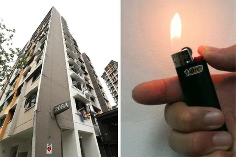 （左图）这起事故发生在兀里连道第208A座的租赁组屋单位。（右图）欧永顺与室友发生争执时，将杀虫剂喷向打火机制造火焰，烧伤对方手部。（庄耿闻摄、示意图）