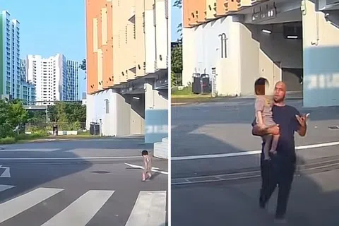 一名不足2岁的幼童险些步入车流，幸得一名驾车男子及时察觉，并将他抱至安全地带。（截图自TikTok用户HyfaSayf）