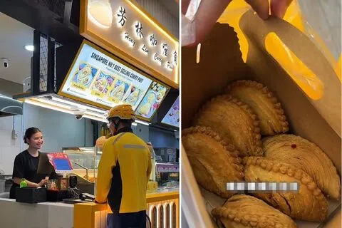 （左图）男子穿着美团制服到店买咖喱角。（右图）顾客买了一盒价值13元5角的咖喱角。（取自小红书）