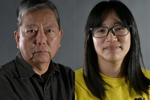 已解散的香港支联会前领袖李卓人（左）、邹幸彤（右）等人，星期五（8月21日）被裁定“煽动颠覆国家政权”罪名成立。（法新社）