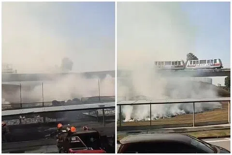 视频画面显示，草地被引燃，现场浓烟弥漫，数名消防员正在灭火。（取自脸书）