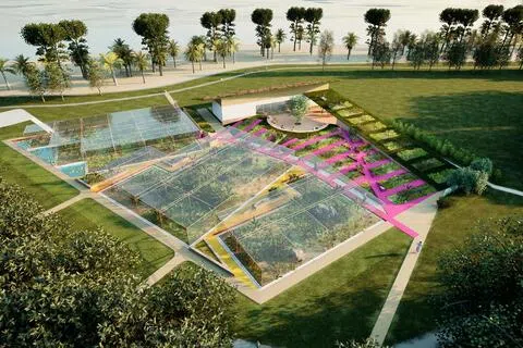 白沙公园的社企社区城市菜园设有绿色斜坡，公众可在上面做瑜伽、俯瞰大海。City Sprouts接下来也计划把设计提交到国际设计比赛。（City Sprouts构想图）