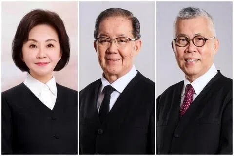 （左起）家事司法法院首席法官郑慧慧获总统延长任期三年，任期从今年10月1日起生效。上诉庭法官郑永光和庄泓翔则在现有任期结束后退任。（新加坡法院提供）