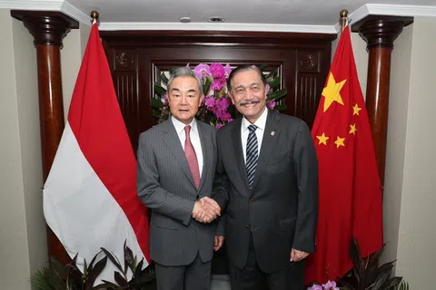 中国外长王毅（左）星期六（8月22日）在雅加达会见印尼国家经济委员会主席卢胡特。（新华社）