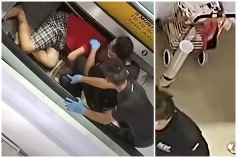 妇女看似头部受伤，但当时意识清醒，事发不远处则放着一辆购物车。（取自脸书）