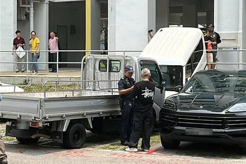 罗厘疑似撞向货车，结果货车冲上斜坡。（读者提供）